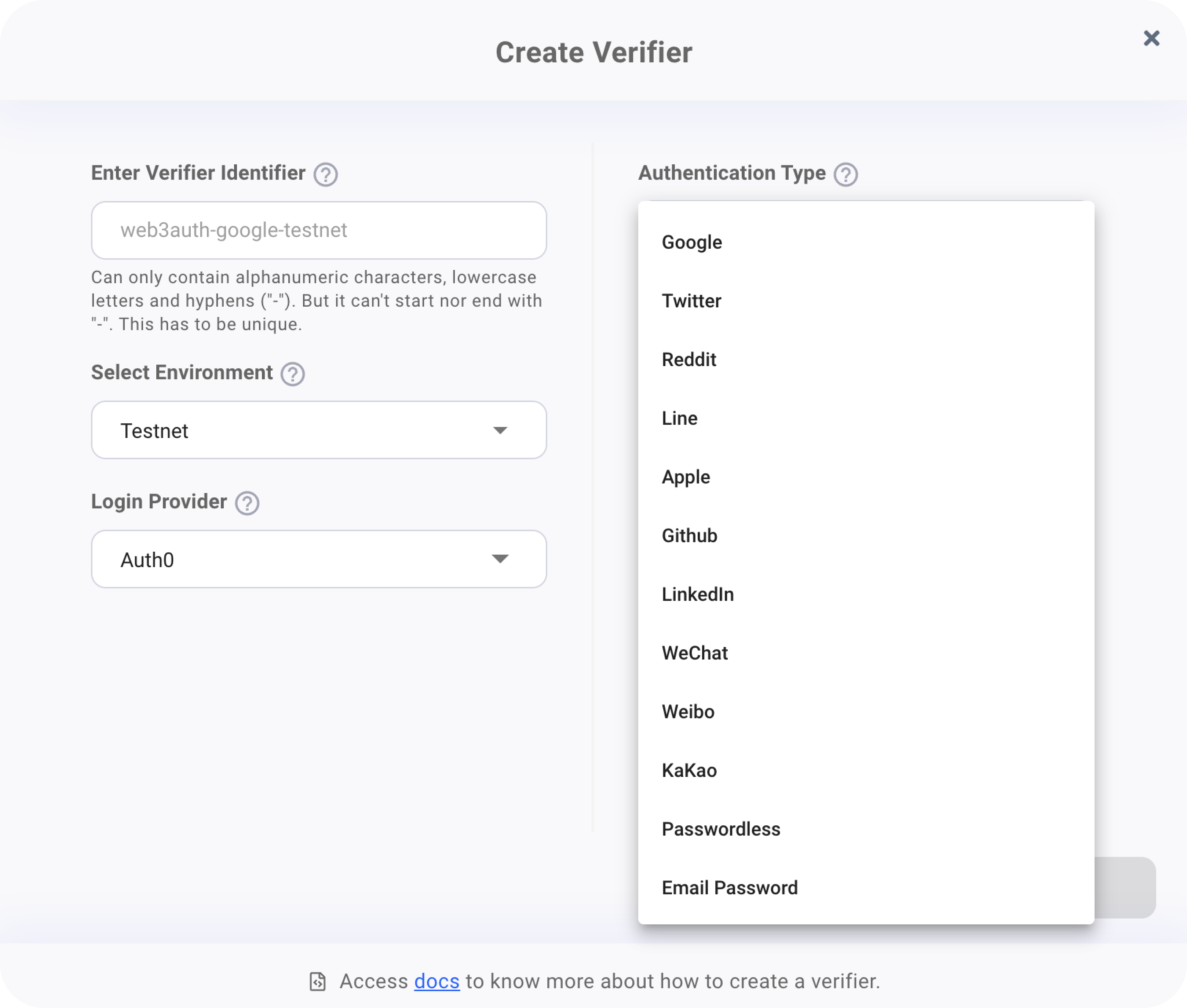 Twitter - Auth0 Authentication Type list on Web3Auth Dashboard