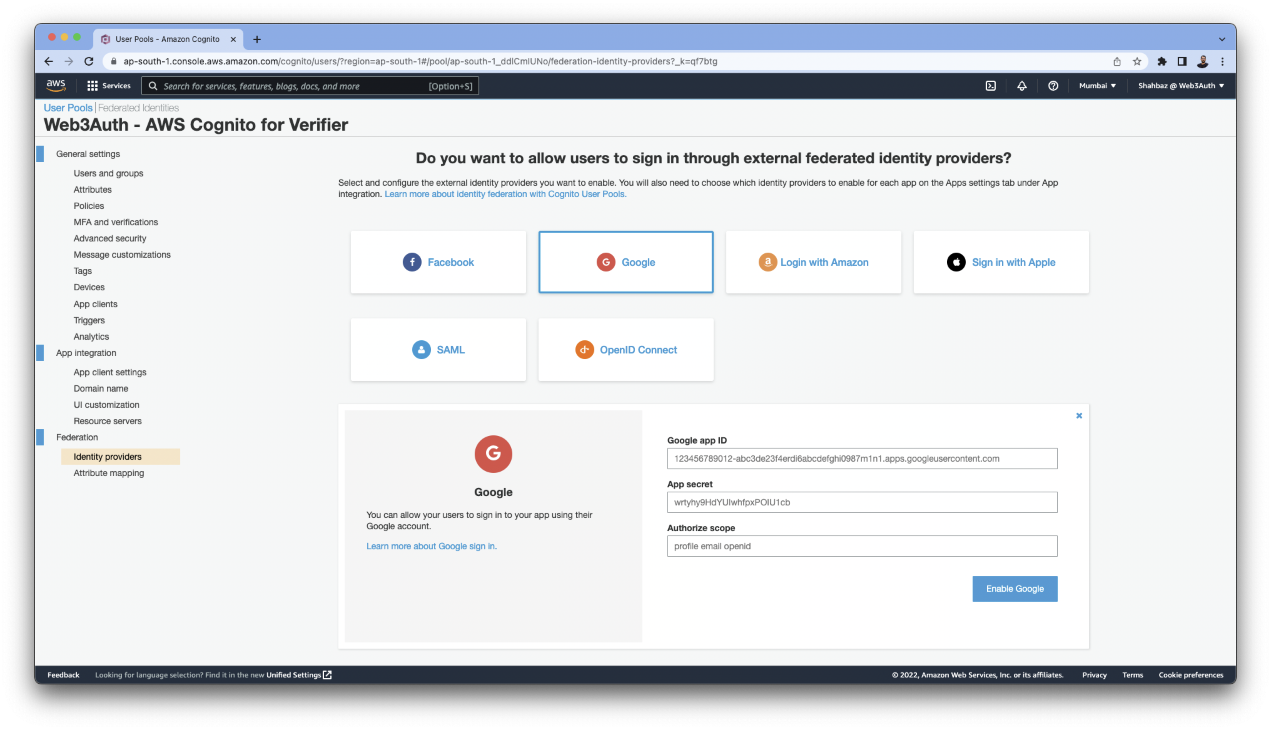 AWS Cognito - Google Login Identity configuration
