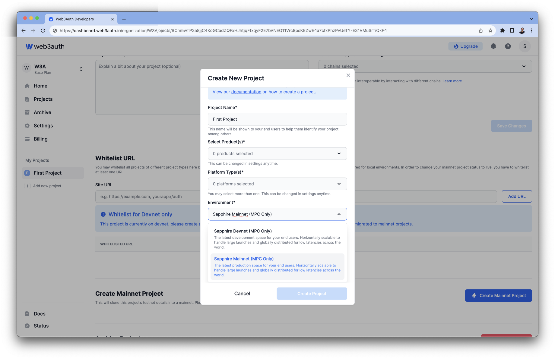 Create Project Select Environment