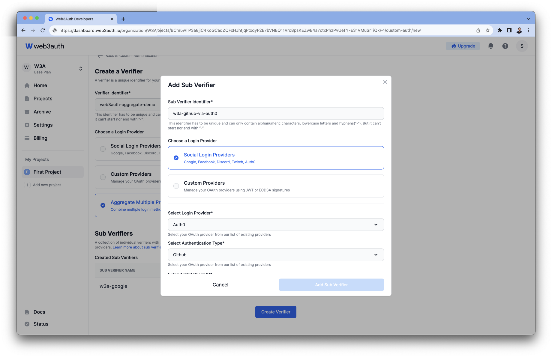 Create Aggregate Verifiier on Web3Auth Dashboard