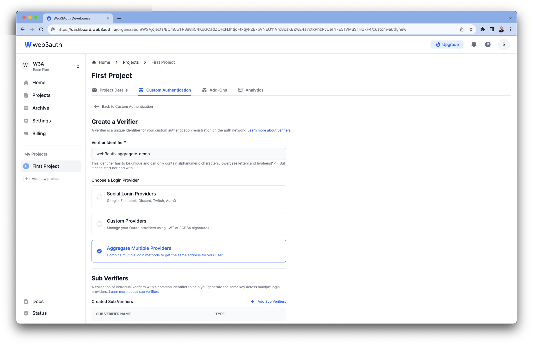 Login Providers list on Web3Auth Dashboard