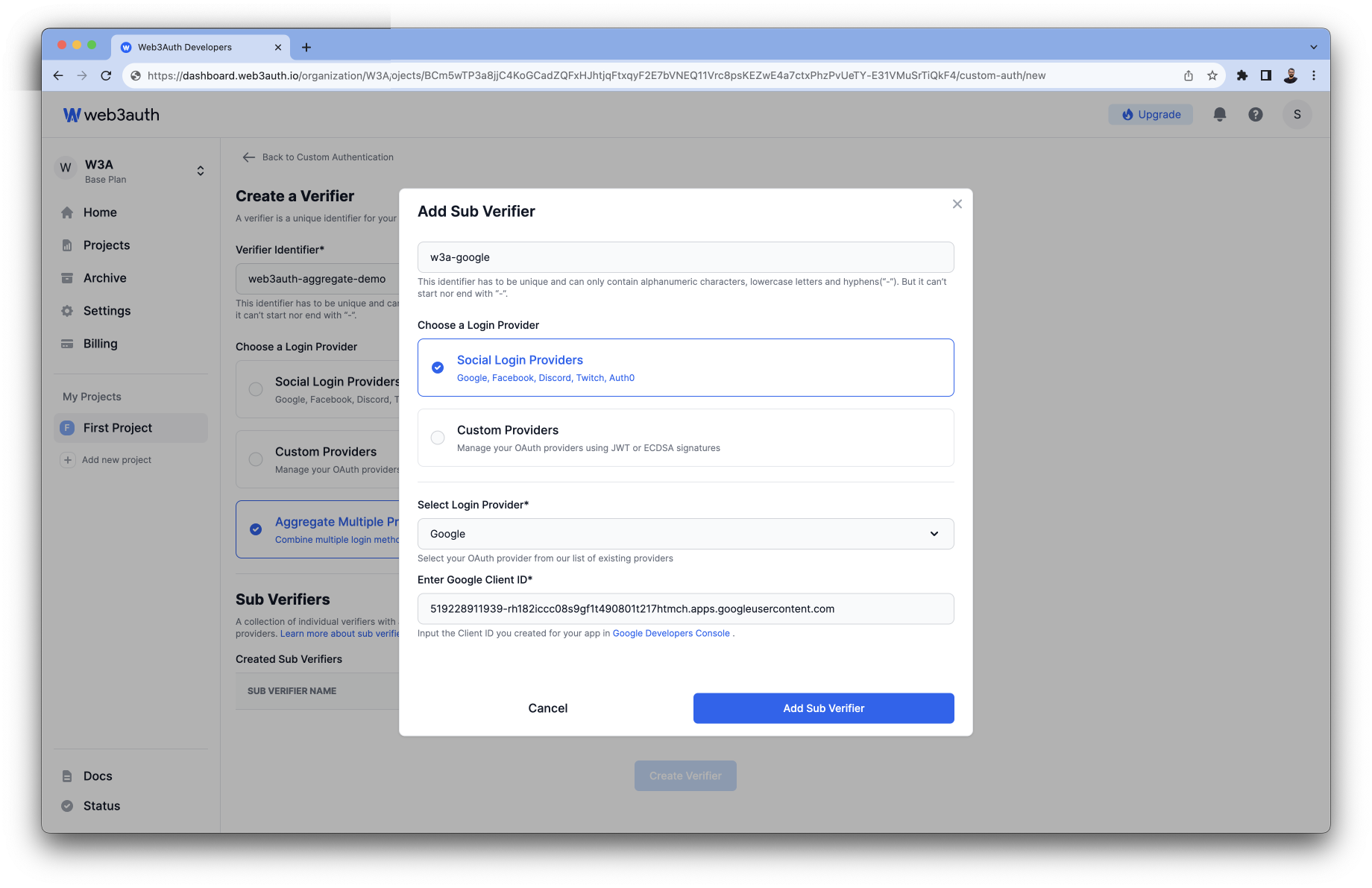 Select Google from Login Providers list on Web3Auth Dashboard