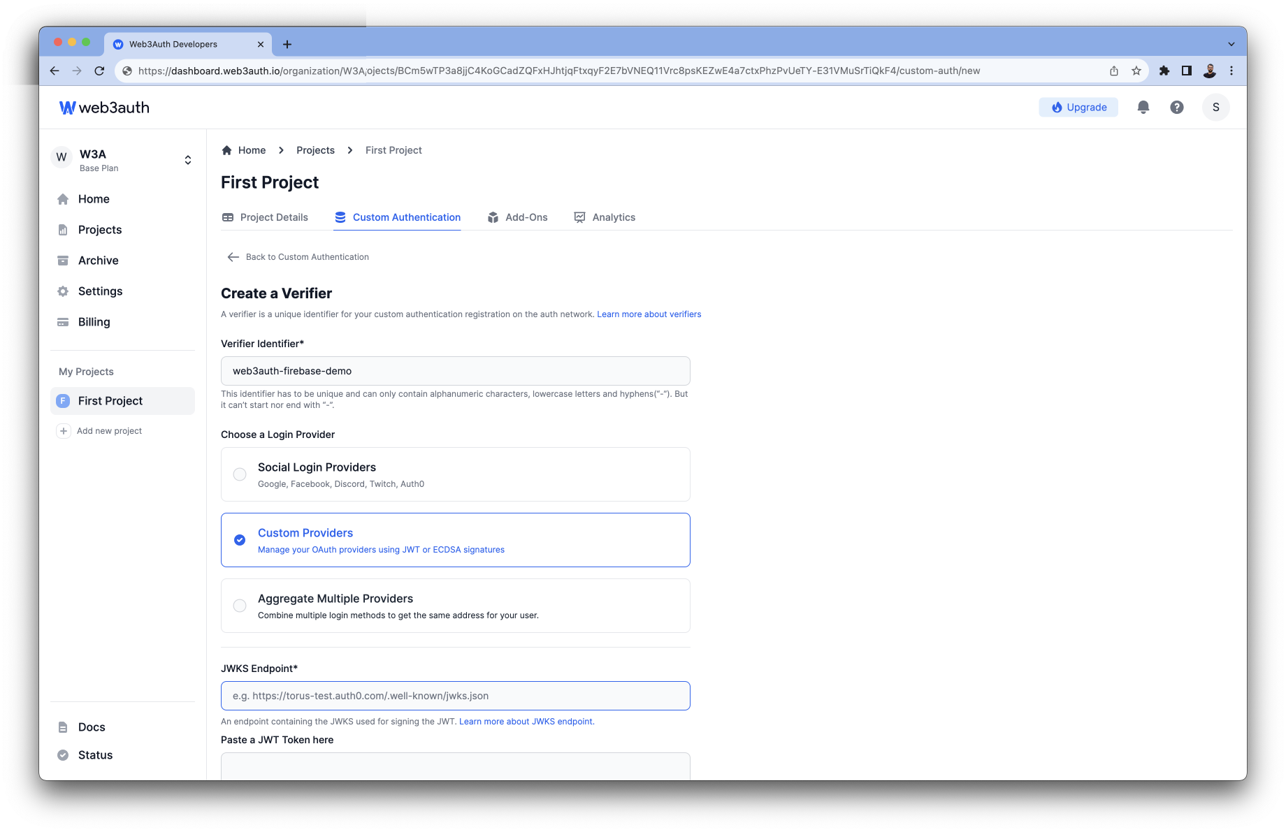 Verifier Modal on Web3Auth Dashboard