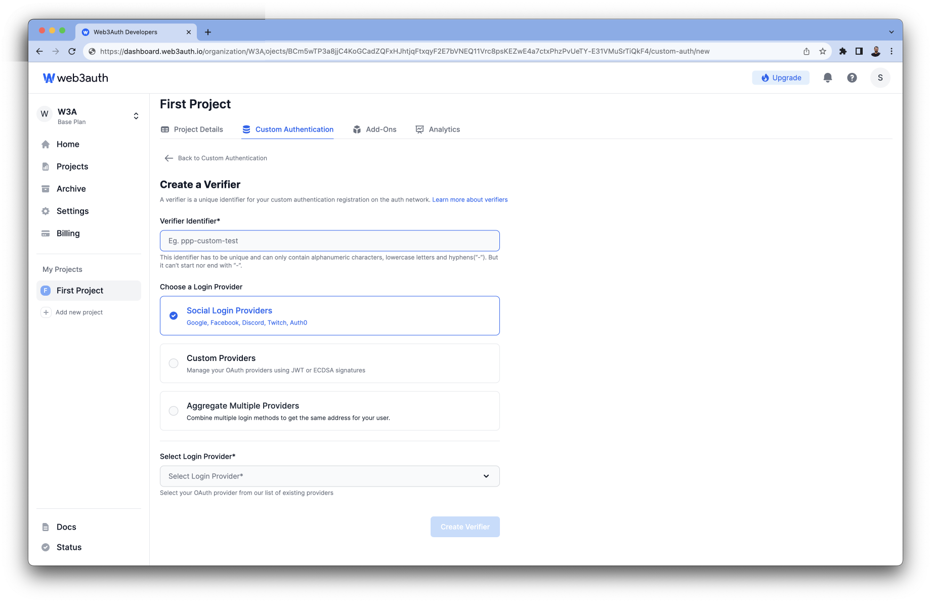 Discord - Login Providers list on Web3Auth Dashboard