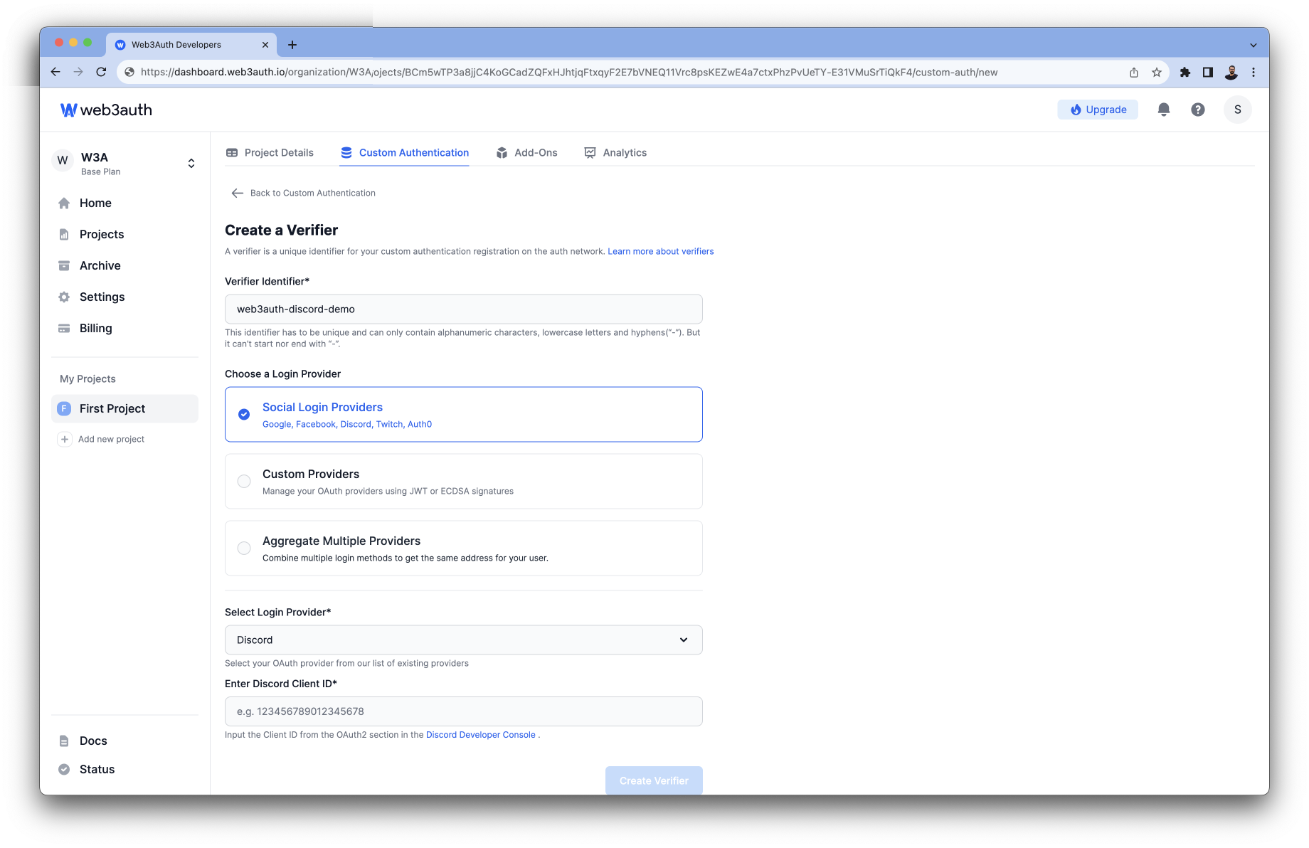 Discord Client ID on Web3Auth Dashboard
